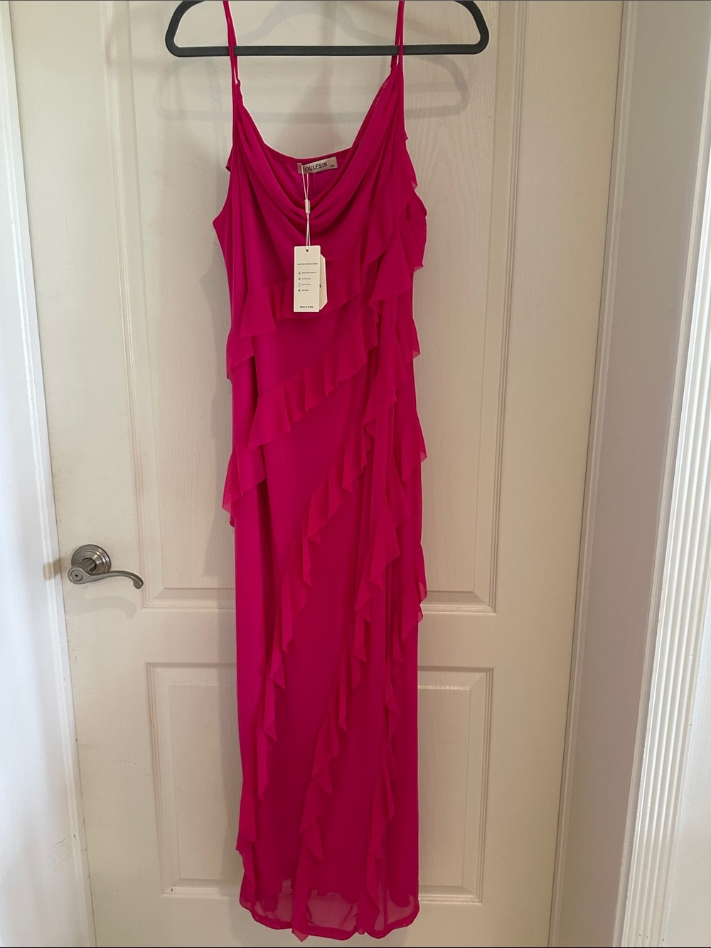 Fuchsia Ruffled Spaghetti-Strap Maxi Dress